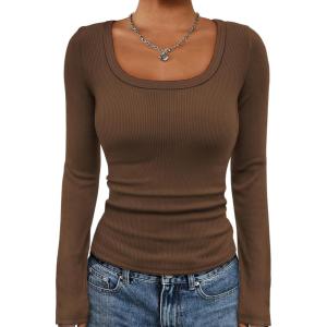 imageATHMILE Womens Long Sleeve Tops Fall Scoop Neck Ribbed Knit Shirts Slim Fitted Casual Basic Tee T Shirt for Women 2025Abrown