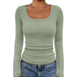 imageATHMILE Womens Long Sleeve Tops Fall Scoop Neck Ribbed Knit Shirts Slim Fitted Casual Basic Tee T Shirt for Women 2025Agrass Green