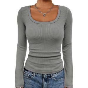 imageATHMILE Womens Long Sleeve Tops Fall Scoop Neck Ribbed Knit Shirts Slim Fitted Casual Basic Tee T Shirt for Women 2025Agrey