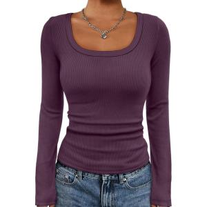 imageATHMILE Womens Long Sleeve Tops Fall Scoop Neck Ribbed Knit Shirts Slim Fitted Casual Basic Tee T Shirt for Women 2025Apurple