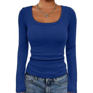 imageATHMILE Womens Long Sleeve Tops Fall Scoop Neck Ribbed Knit Shirts Slim Fitted Casual Basic Tee T Shirt for Women 2025Aroyal Blue