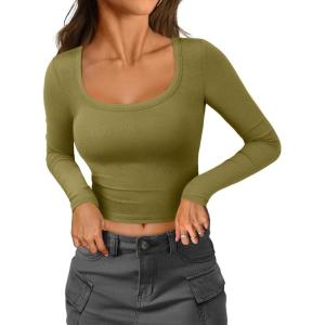 imageATHMILE Womens Long Sleeve Tops Fall Scoop Neck Ribbed Knit Shirts Slim Fitted Casual Basic Tee T Shirt for Women 2025Bolive Green
