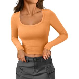 imageATHMILE Womens Long Sleeve Tops Fall Scoop Neck Ribbed Knit Shirts Slim Fitted Casual Basic Tee T Shirt for Women 2025Borange