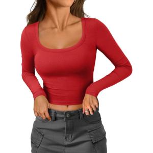 imageATHMILE Womens Long Sleeve Tops Fall Scoop Neck Ribbed Knit Shirts Slim Fitted Casual Basic Tee T Shirt for Women 2025Bred