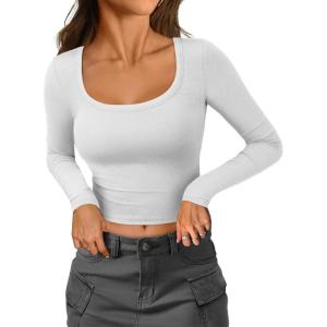 imageATHMILE Womens Long Sleeve Tops Fall Scoop Neck Ribbed Knit Shirts Slim Fitted Casual Basic Tee T Shirt for Women 2025Bwhite