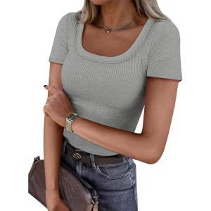 imageATHMILE Womens Long Sleeve Tops Fall Scoop Neck Ribbed Knit Shirts Slim Fitted Casual Basic Tee T Shirt for Women 2025Cheather Grey