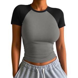 imageATHMILE Womens Short SleeveLong Sleeve Cropped Tops Slim Fit Stretchy Color Block Slightly Shirts Y2k Fashion Clothes1grey Black Combo
