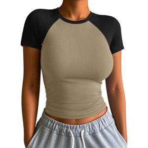 imageATHMILE Womens Short SleeveLong Sleeve Cropped Tops Slim Fit Stretchy Color Block Slightly Shirts Y2k Fashion Clothes1mocha Black Combo