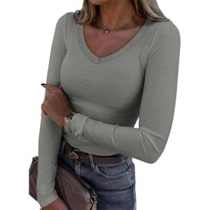 imageATHMILE Women Short Sleeve V Neck Ribbed Knit Fitted Shirts Basic Tees Tops 2025 Summer Casual TShirts Going Out OutfitsLgrey