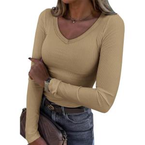 imageATHMILE Women Short Sleeve V Neck Ribbed Knit Fitted Shirts Basic Tees Tops 2025 Summer Casual TShirts Going Out OutfitsLkhaki