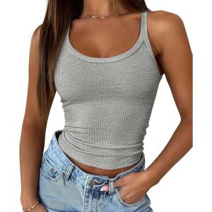 imageATHMILE Women Tank Top Sleeveless Scoop Neck Form Fitting Ribbed Knit Basic Cami Shirts1 Short Length Grey