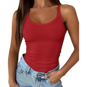 imageATHMILE Women Tank Top Sleeveless Scoop Neck Form Fitting Ribbed Knit Basic Cami Shirts2 Full Length Red