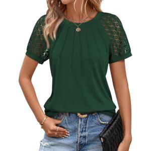 imageATHMILE Womens Blouses Business Date Outfits Spring Summer Fall Work Tops Fashion Lace Short Sleeve Casual Shirts 2025Dark Green