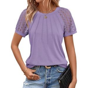 imageATHMILE Womens Blouses Business Date Outfits Spring Summer Fall Work Tops Fashion Lace Short Sleeve Casual Shirts 2025Purple