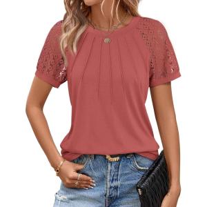 imageATHMILE Womens Blouses Business Date Outfits Spring Summer Fall Work Tops Fashion Lace Short Sleeve Casual Shirts 2025Rust