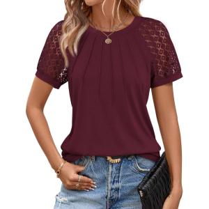imageATHMILE Womens Blouses Business Date Outfits Spring Summer Fall Work Tops Fashion Lace Short Sleeve Casual Shirts 2025Winered