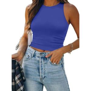 imageATHMILE Womens Double Lined Crop Tank Tops Casual Basic Shirts Sleeveless Workout Tops Cute Summer Clothes Teen GirlsBlue