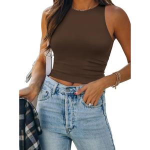 imageATHMILE Womens Double Lined Crop Tank Tops Casual Basic Shirts Sleeveless Workout Tops Cute Summer Clothes Teen GirlsBrown