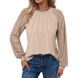imageATHMILE Womens Long Sleeve Shirts Lace Tops Business Casual Outfits Dressy Fall Fashion BlousesOatmeal