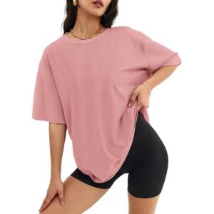 imageATHMILE Womens Oversized T Shirts Loose Fit Crewneck Short Sleeve Tops Summer Casual Blouse Y2K 2025 Basic Tee BeachCameo Pink