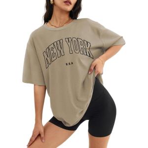 imageATHMILE Womens Oversized T Shirts Loose Fit Crewneck Short Sleeve Tops Summer Casual Blouse Y2K 2025 Basic Tee BeachKhakin