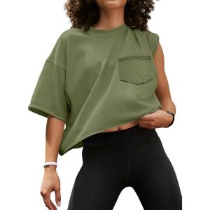 imageATHMILE Womens Oversized TShirts Short Sleeve Workout Crop Tops Casual Drop Shoulder Boxy Roll Hem Basic Loose TeesArmygreen