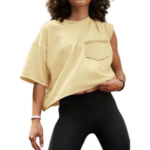 imageATHMILE Womens Oversized TShirts Short Sleeve Workout Crop Tops Casual Drop Shoulder Boxy Roll Hem Basic Loose TeesBeige