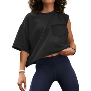 imageATHMILE Womens Oversized TShirts Short Sleeve Workout Crop Tops Casual Drop Shoulder Boxy Roll Hem Basic Loose TeesBlack