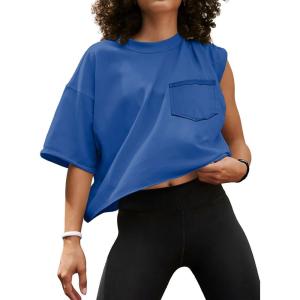 imageATHMILE Womens Oversized TShirts Short Sleeve Workout Crop Tops Casual Drop Shoulder Boxy Roll Hem Basic Loose TeesBlue