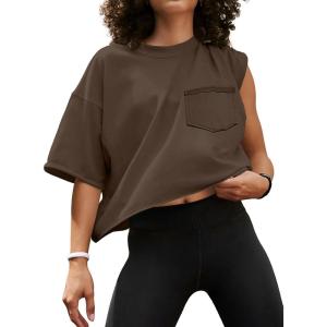 imageATHMILE Womens Oversized TShirts Short Sleeve Workout Crop Tops Casual Drop Shoulder Boxy Roll Hem Basic Loose TeesBrown