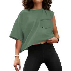 imageATHMILE Womens Oversized TShirts Short Sleeve Workout Crop Tops Casual Drop Shoulder Boxy Roll Hem Basic Loose TeesDarkgreen