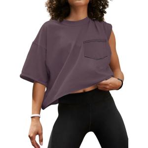 imageATHMILE Womens Oversized TShirts Short Sleeve Workout Crop Tops Casual Drop Shoulder Boxy Roll Hem Basic Loose TeesDarkpurple