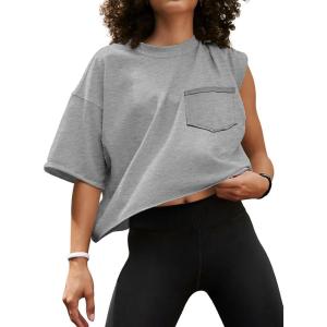 imageATHMILE Womens Oversized TShirts Short Sleeve Workout Crop Tops Casual Drop Shoulder Boxy Roll Hem Basic Loose TeesGray