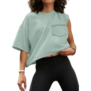 imageATHMILE Womens Oversized TShirts Short Sleeve Workout Crop Tops Casual Drop Shoulder Boxy Roll Hem Basic Loose TeesGraygreen