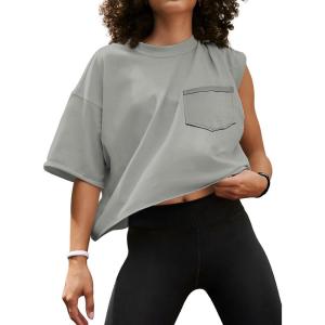 imageATHMILE Womens Oversized TShirts Short Sleeve Workout Crop Tops Casual Drop Shoulder Boxy Roll Hem Basic Loose TeesLightgrey