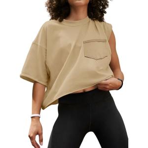 imageATHMILE Womens Oversized TShirts Short Sleeve Workout Crop Tops Casual Drop Shoulder Boxy Roll Hem Basic Loose TeesLightkhaki