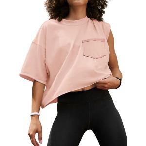 imageATHMILE Womens Oversized TShirts Short Sleeve Workout Crop Tops Casual Drop Shoulder Boxy Roll Hem Basic Loose TeesLightpink