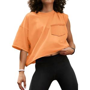 imageATHMILE Womens Oversized TShirts Short Sleeve Workout Crop Tops Casual Drop Shoulder Boxy Roll Hem Basic Loose TeesOrange