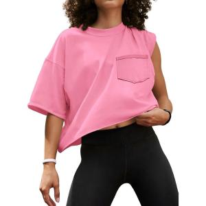 imageATHMILE Womens Oversized TShirts Short Sleeve Workout Crop Tops Casual Drop Shoulder Boxy Roll Hem Basic Loose TeesPink