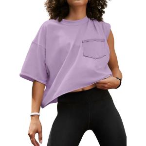 imageATHMILE Womens Oversized TShirts Short Sleeve Workout Crop Tops Casual Drop Shoulder Boxy Roll Hem Basic Loose TeesPurple