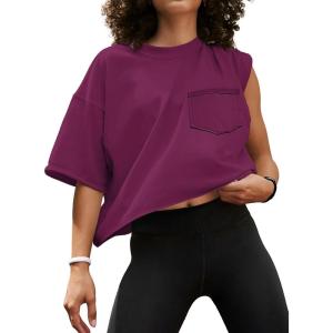 imageATHMILE Womens Oversized TShirts Short Sleeve Workout Crop Tops Casual Drop Shoulder Boxy Roll Hem Basic Loose TeesPurple Red