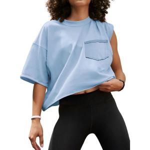 imageATHMILE Womens Oversized TShirts Short Sleeve Workout Crop Tops Casual Drop Shoulder Boxy Roll Hem Basic Loose TeesSkyblue