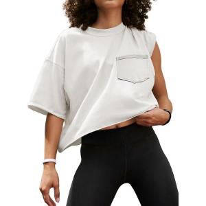 imageATHMILE Womens Oversized TShirts Short Sleeve Workout Crop Tops Casual Drop Shoulder Boxy Roll Hem Basic Loose TeesWhite