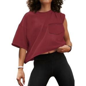 imageATHMILE Womens Oversized TShirts Short Sleeve Workout Crop Tops Casual Drop Shoulder Boxy Roll Hem Basic Loose TeesWinered
