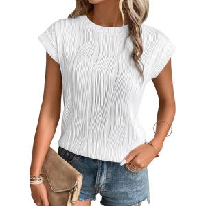 imageATHMILE Womens Short Sleeve Summer Tops Crewneck Textured Shirts Basic T Shirt Casual Work BlousesWhite
