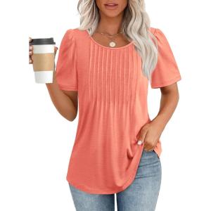 imageATHMILE Womens T Shirts Short Sleeve Summer Tops Pleated Dressy Casual Blouses Spring Clothes Beach Vacation 2025Coral