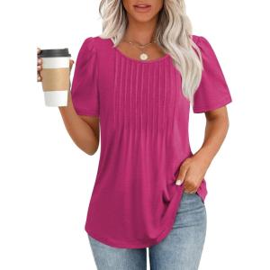 imageATHMILE Womens T Shirts Short Sleeve Summer Tops Pleated Dressy Casual Blouses Spring Clothes Beach Vacation 2025Hot Pink