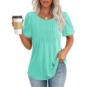 imageATHMILE Womens T Shirts Short Sleeve Summer Tops Pleated Dressy Casual Blouses Spring Clothes Beach Vacation 2025Turquoise