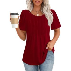 imageATHMILE Womens T Shirts Short Sleeve Summer Tops Pleated Dressy Casual Blouses Spring Clothes Beach Vacation 2025Wine Red