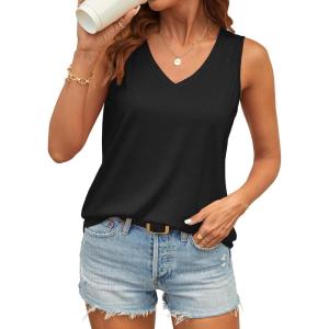 imageATHMILE Womens Tank Top V Neck Flowy Summer Tee Shirts Casual Basic Solid Color Trendy Beach Sleeveless Tops 2025Black
